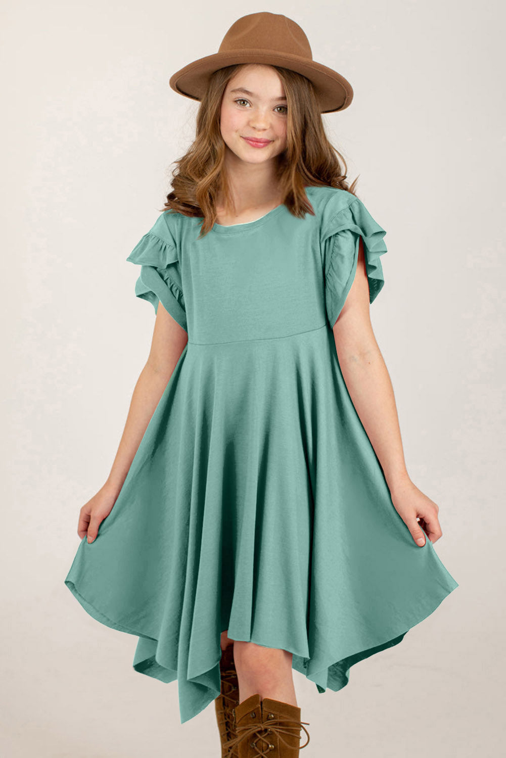 Round Neck Petal Sleeve Dress - Farnelli