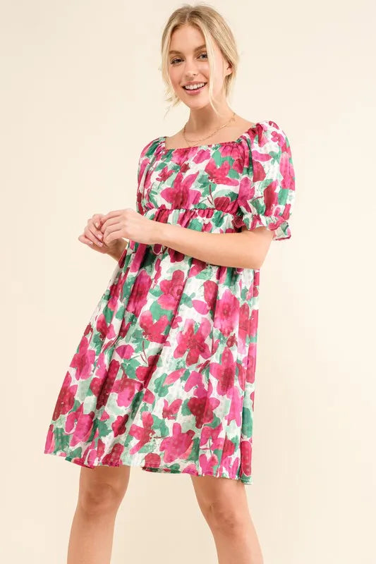 And The Why Smocked Floral Ruffle Short Sleeve Mini Dress - Farnelli
