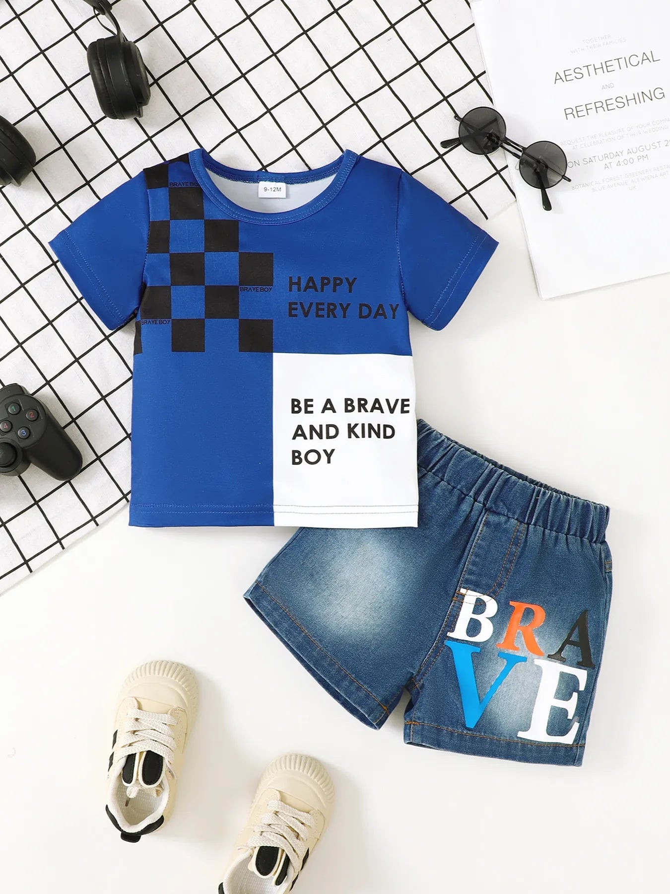 Children's Letter Round Neck Top and Denim Shorts Set - Farnelli