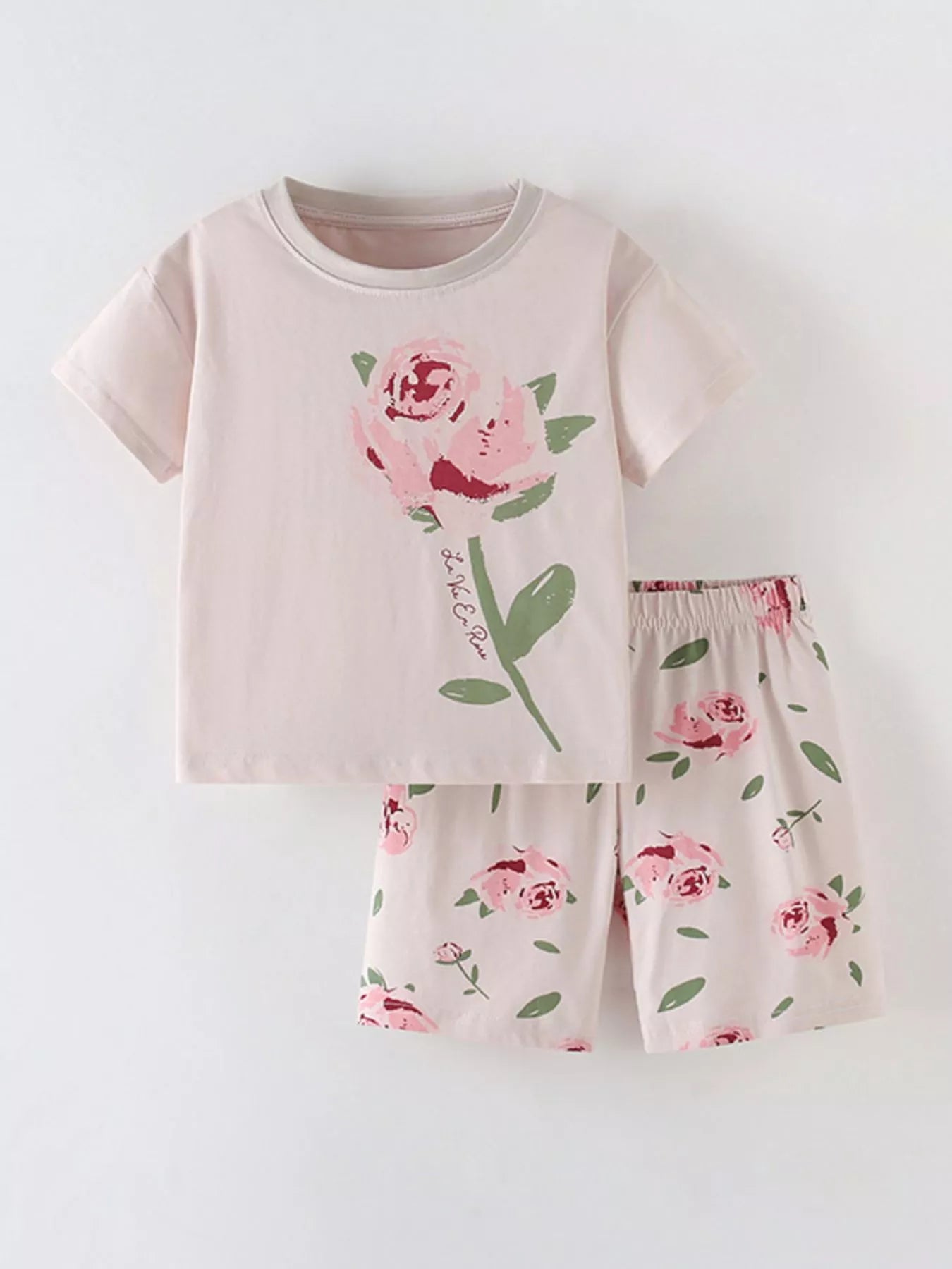 Children's Flower Round Neck Tee and Shorts Set - Farnelli