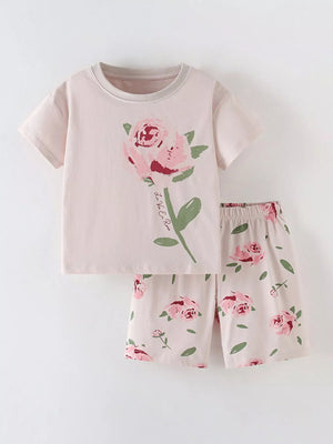 Children's Flower Round Neck Tee and Shorts Set - Farnelli