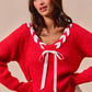 SO ME Satin Tape Braided Ribbon Tie V Neck Sweater - Farnelli