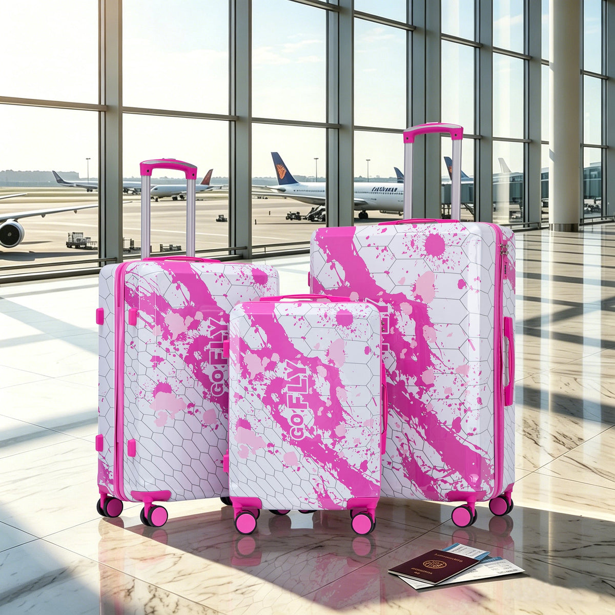 HouseOfZazla 3-piece pink spinner wheel luggage set with telescopic handles and hard cases
