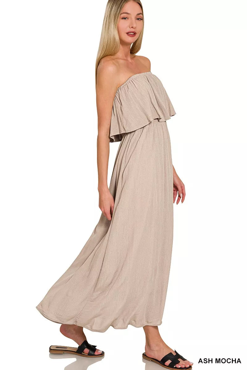 Zenana Woven Crinkle Strapless Maxi Dress - Farnelli