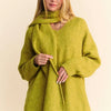 Davi & Dani V-Neck Dropped Shoulder Sweater with Scarf - Chartreuse