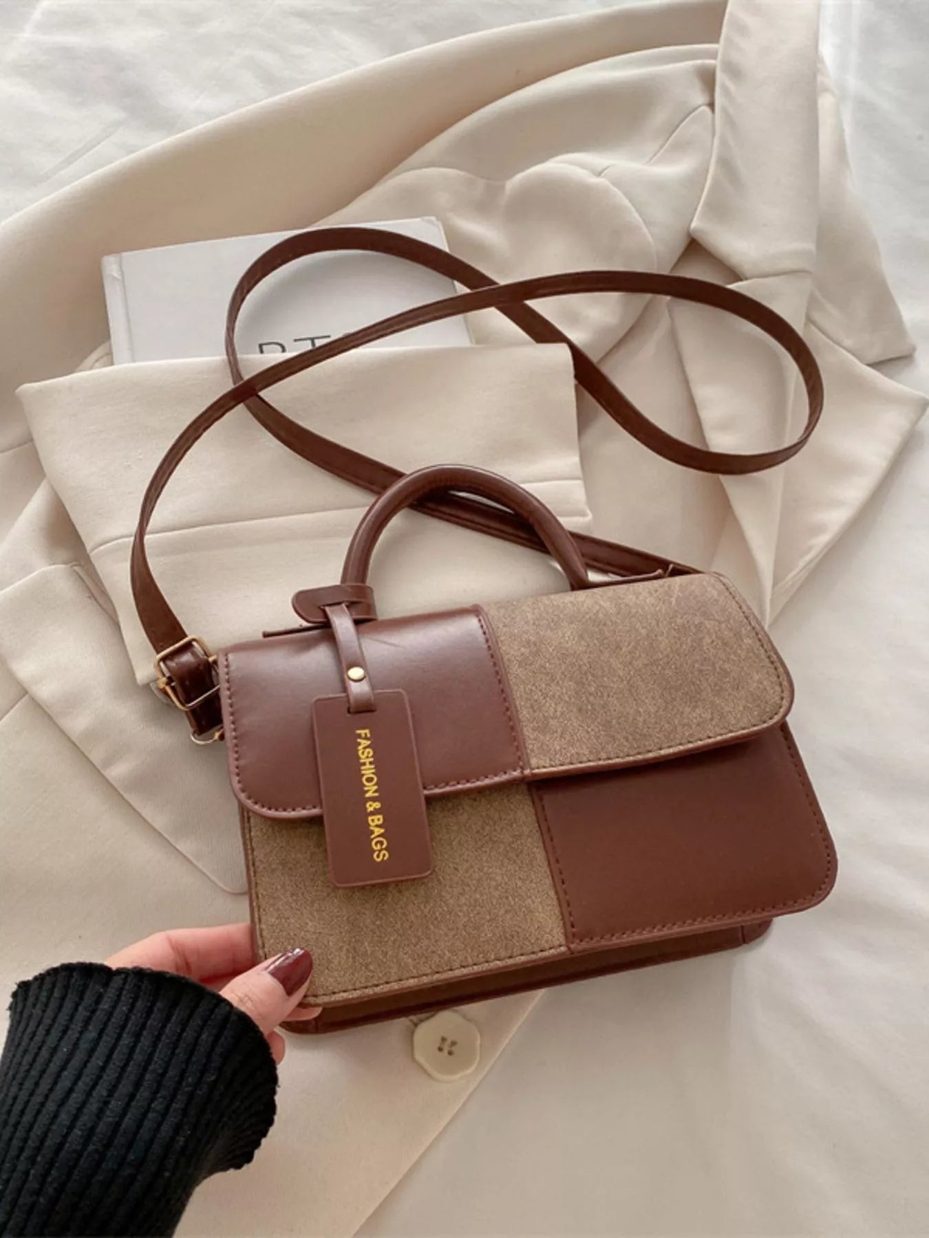 Color Block Flap Crossbody Bag with Top Handle - Farnelli