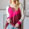 HOPELY Color Block Long Sleeve T-Shirt - Hot Pink/Burgundy