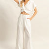 HYFVE Twisted Front Short Sleeve Top and Wide Leg Pants Set - Off White