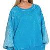 Zenana Acid Washed Batwing Sleeve Fleece Sweatshirt - DEEP SKY