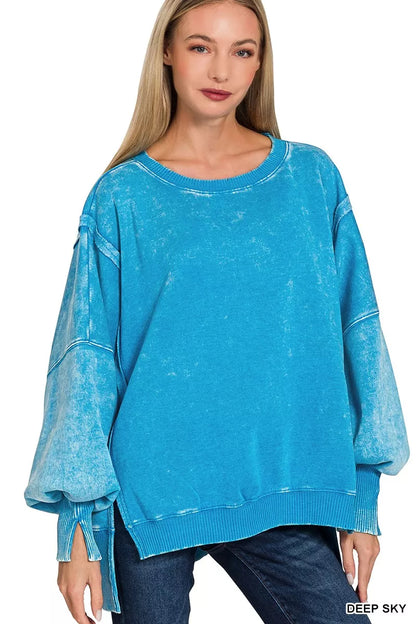 Zenana Acid Washed Batwing Sleeve Fleece Sweatshirt - Farnelli