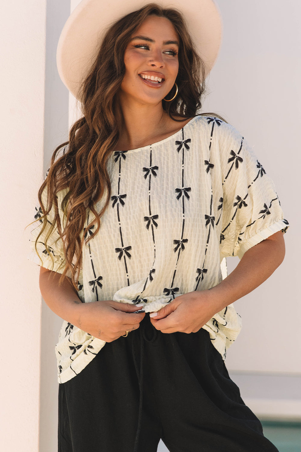 Aviana Bow Print Puff Short Sleeve Top - Farnelli