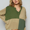 POL Color Block Notched Long Sleeve T-Shirt - Matcha Green