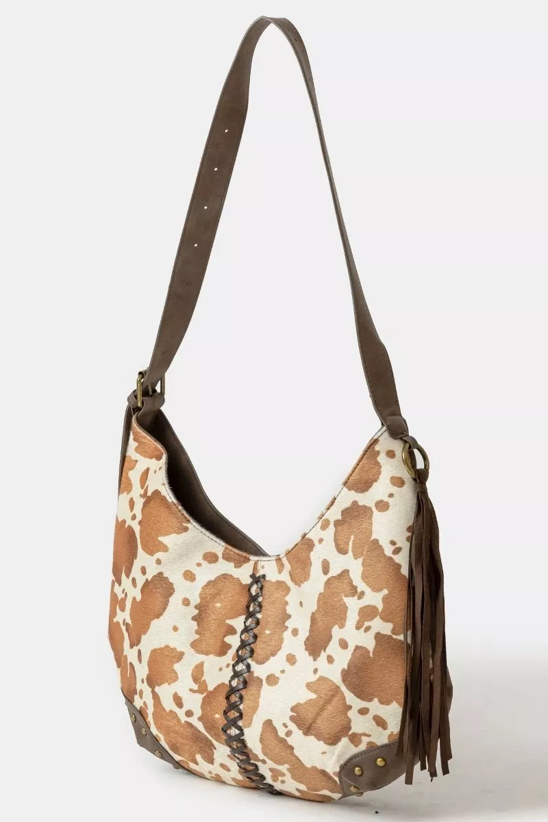 Fame Cow Print Hobo Shoulder Bag with Studded Details - Farnelli