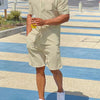 Men's Plus Size Button Up Shirt and Shorts Set - Khaki