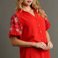 Umgee Full Size Linen Shirt with Embroidered Sleeves Plus Size - Farnelli