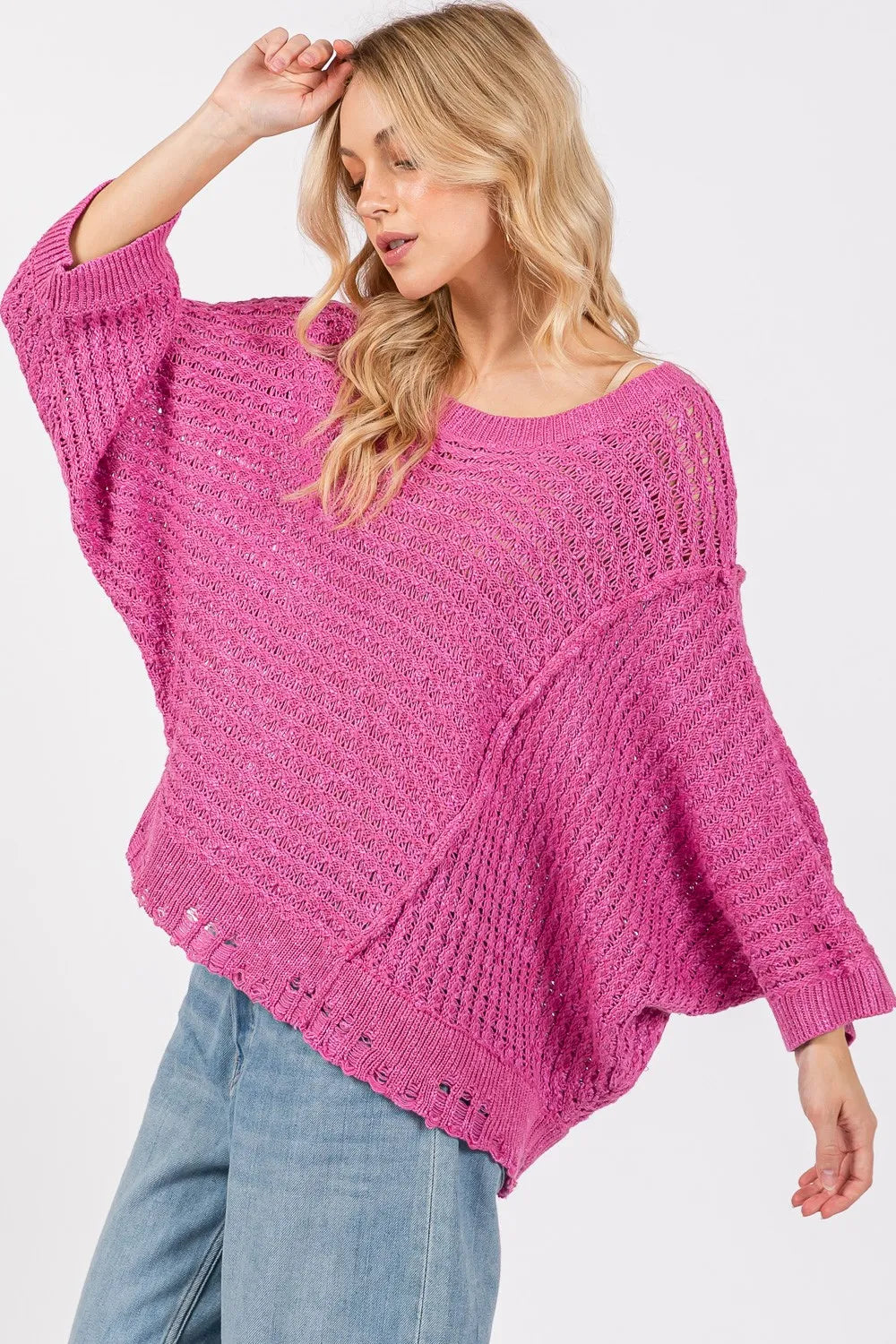 SAGE + FIG Distressed Asymmetrical Open Stitch Sweater - Farnelli