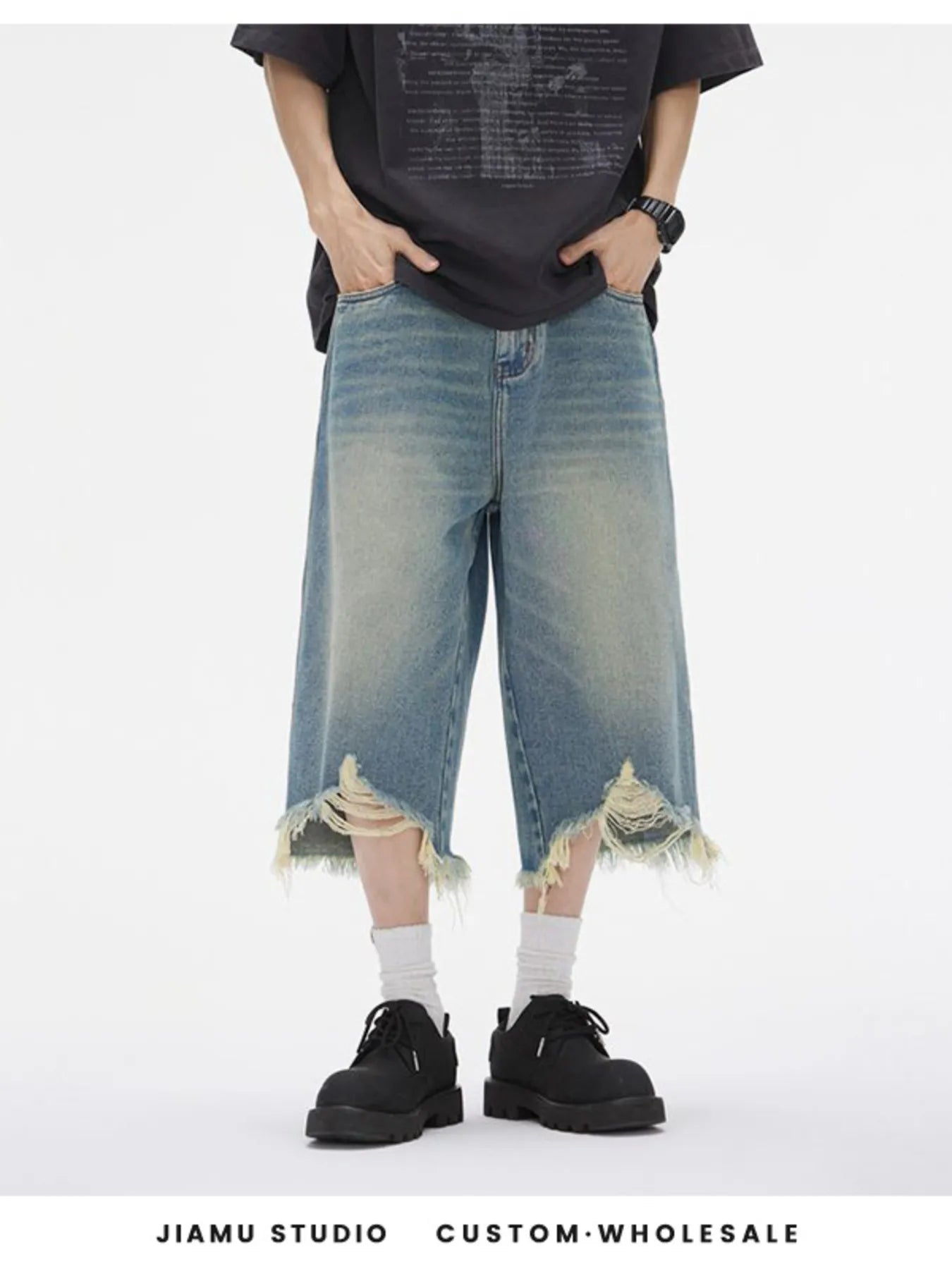 Men's Distressed Wide Leg Denim Shorts - Farnelli