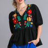Umgee Full Size Cotton Gauze Floral Embroidery Babydoll Blouse Plus Size - Black