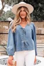 Oakley Tied Front Long Puff Sleeve Denim Top - Farnelli