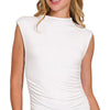 Zenana Double Layered Ruched Side Mock Neck Top - WHITE