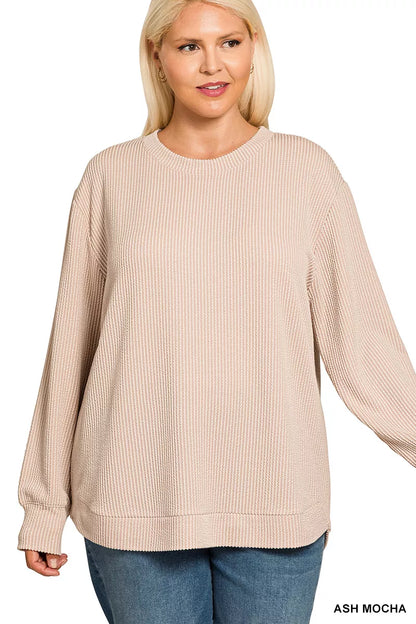 Zenana Full Size Raised Rib Round Neck Long Sleeve Top Plus Size - Farnelli