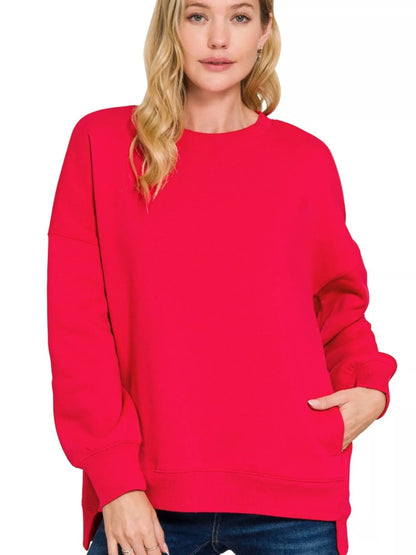 Zenana Full Size Fleece Hi-low Boyfriend Sweatshirts with Pockets Plus Size - Farnelli