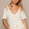POL V-Neck Short Sleeve Lace Trim Top - Off White