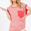 Ces Femme Side Slit Striped Cap Sleeve T-Shirt - Red