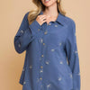 Umgee Linen Blend Fitted Shirt with Ribbon Embroidery Details - DENIM