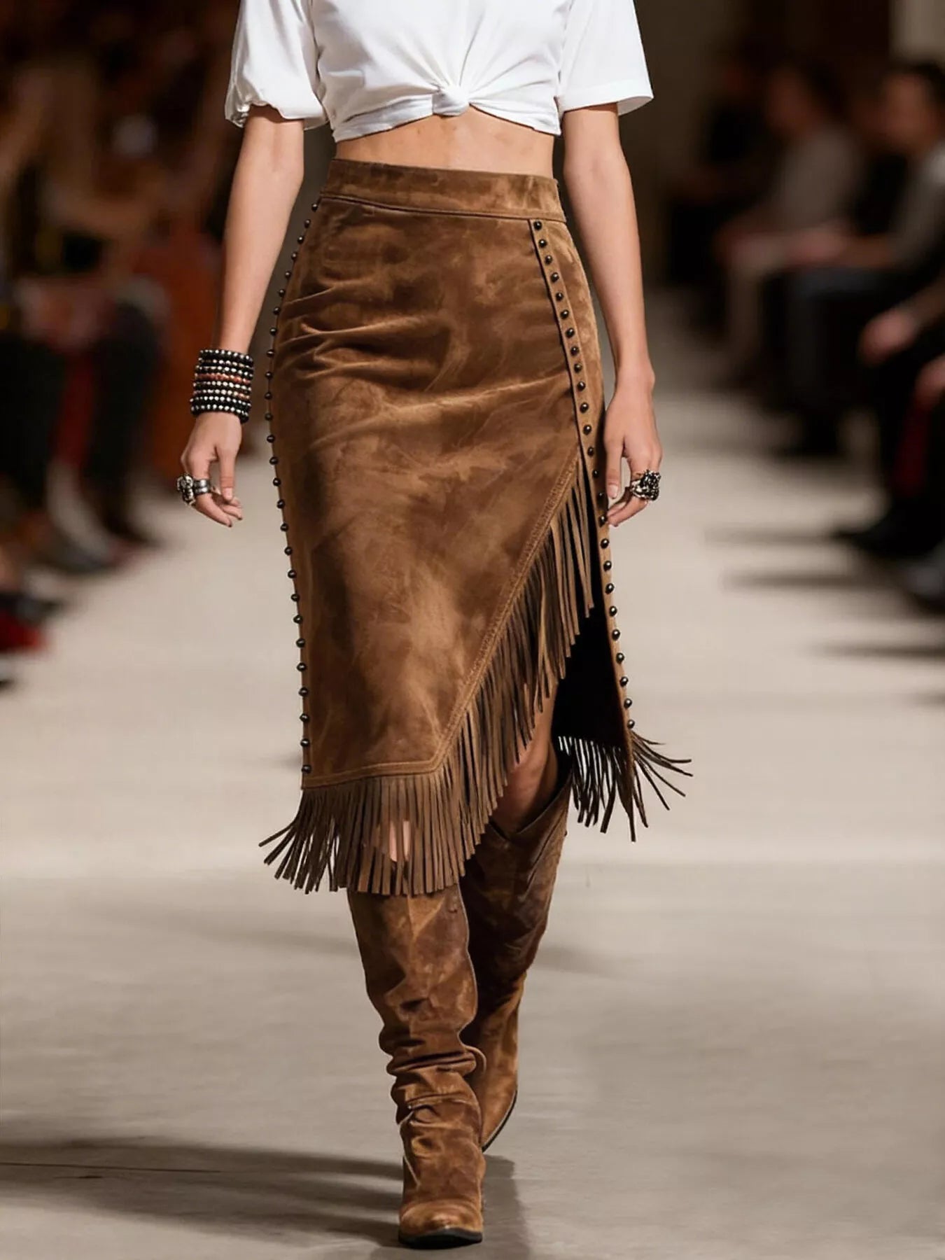 Studded Suede Fringe Midi Skirt - Farnelli