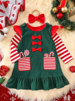 Children's Christmas Striped Bodysuit and Dress Set with Headband - Farnelli