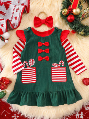 Children's Christmas Striped Bodysuit and Dress Set with Headband - Farnelli
