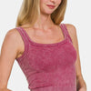 Zenana Washed Ribbed Scoop Neck Wide Strap Tank - Burgundy