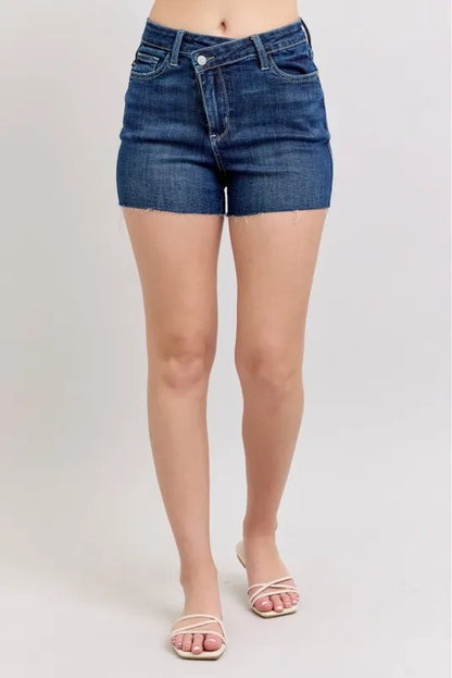 Judy Blue Full Size High Waist Criss-Cross Waistband Denim Shorts Plus Size - Farnelli