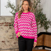 Sew In Love Full Size Wave Stripe Contrast Long Sleeve Sweater - Fuchsia/ Ivory