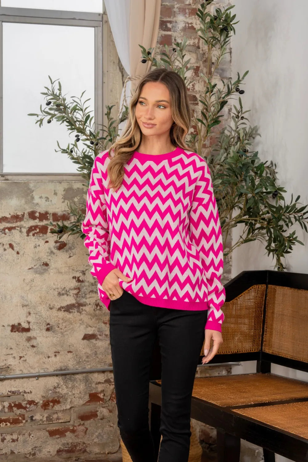 Sew In Love Full Size Wave Stripe Contrast Long Sleeve Sweater - Farnelli