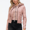 Snobbish Faux Leather Zip Up Drawstring Hooded Jacket - Mauve