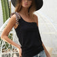 BiBi Rayon Span Knit One Shoulder Top with Leopard Ribbon - Farnelli