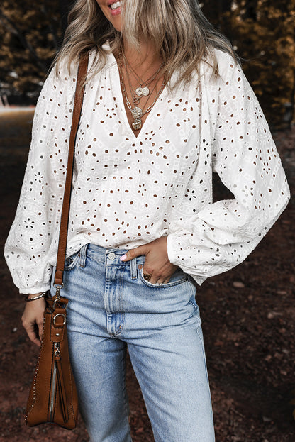 Paige Eyelet Embroidered Puff Sleeve Blouse - Farnelli