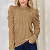 Basic Bae Full Size Ribbed Mock Neck Puff Sleeve T-Shirt - Khaki
