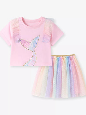 Children's Mermaid Tail Tee & Rainbow Tulle Skirt Set - Farnelli
