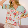 BiBi Floral Button Detail Round Neck Short Sleeve Terry T-Shirt - OFF WHITE COMBO
