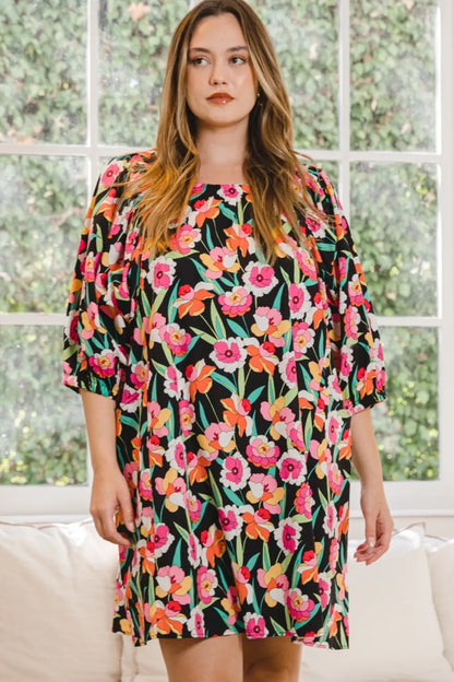 ODDI Full Size Floral Puff Sleeve Mini Dress - Farnelli