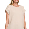 Zenana Double Gauze Round Neck Folded Short Sleeve Top - SAND BEIGE