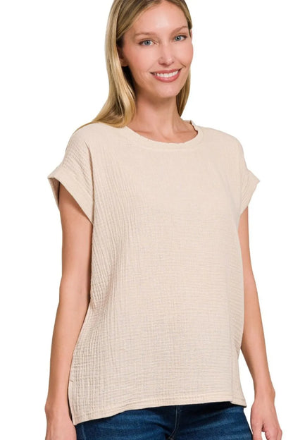 Zenana Double Gauze Round Neck Folded Short Sleeve Top - Farnelli