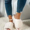 Fuzzy Open Toe Flats Slippers - Beige