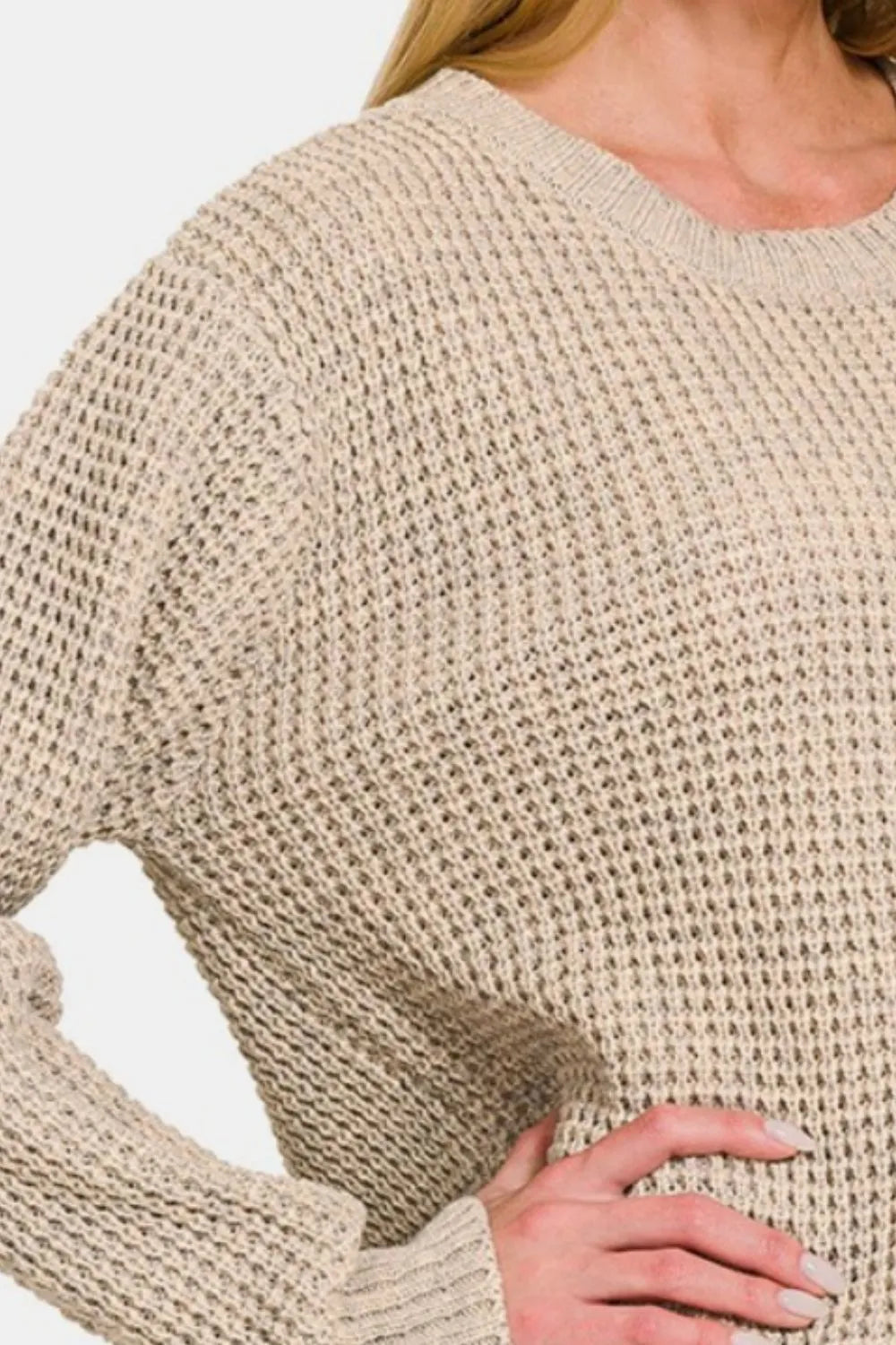 Zenana High Low Long Sleeve Waffle Sweater - Farnelli