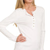 Zenana Ribbed Long Sleeve Half Button Top - OFF WHITE
