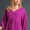 Umgee Full Size V-Neck Puffed 3/4 Sleeve Babydoll Blouse Plus Size - Red-Violet