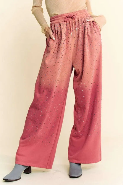 Davi & Dani Rhinestone Drawstring Wide Leg Pants - Farnelli